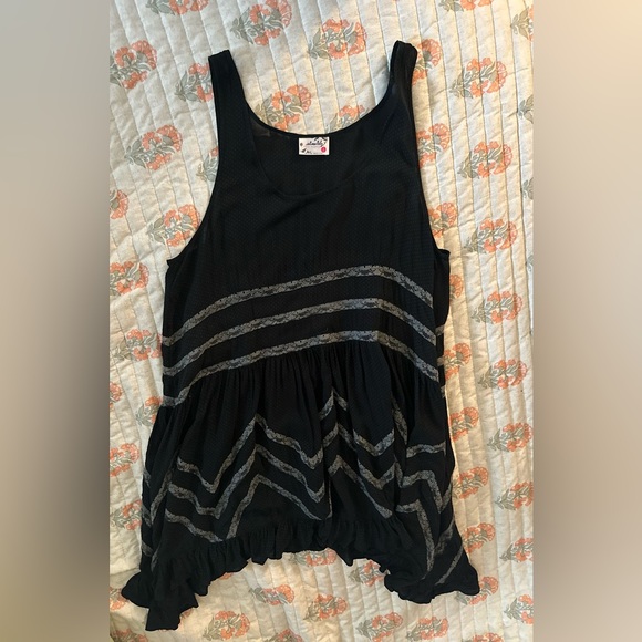 Free People Intimately | Black Asymmetrical Tiered Tank Top w/ Lace Detail Sz:S - Picture 12 of 15